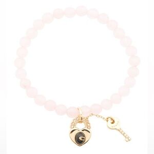 Coach Heart Key Bead Stretch Bracelet Light Pink Gold tone